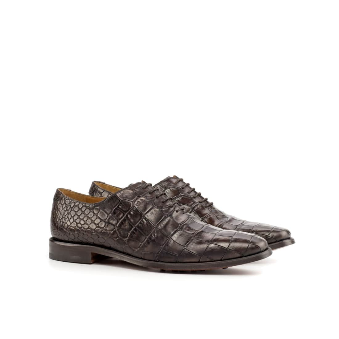 Paire de One Cut en veau façon croco marron foncé, vue de trois quarts