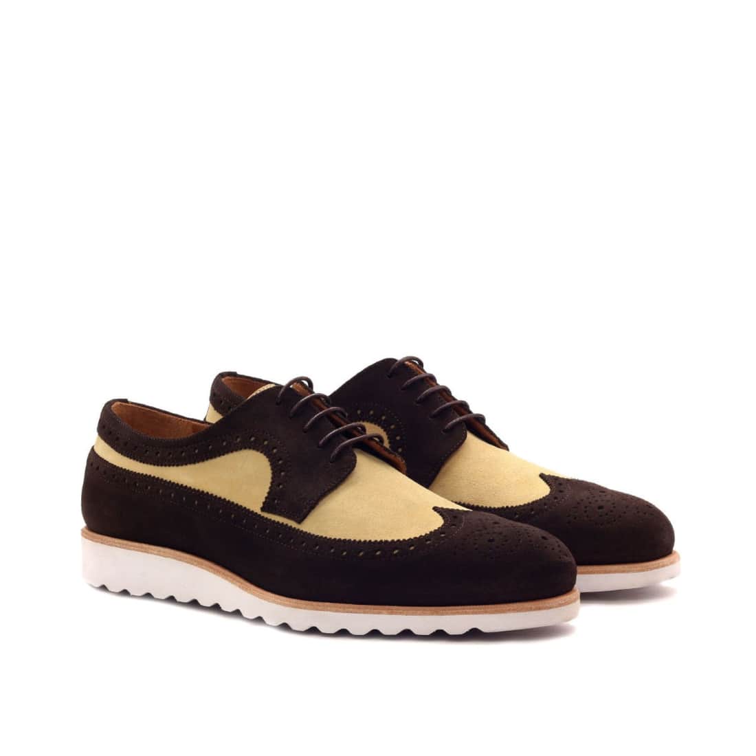 Derbie Brogue fleuri en daim marron foncé et beige - Semelles Sport