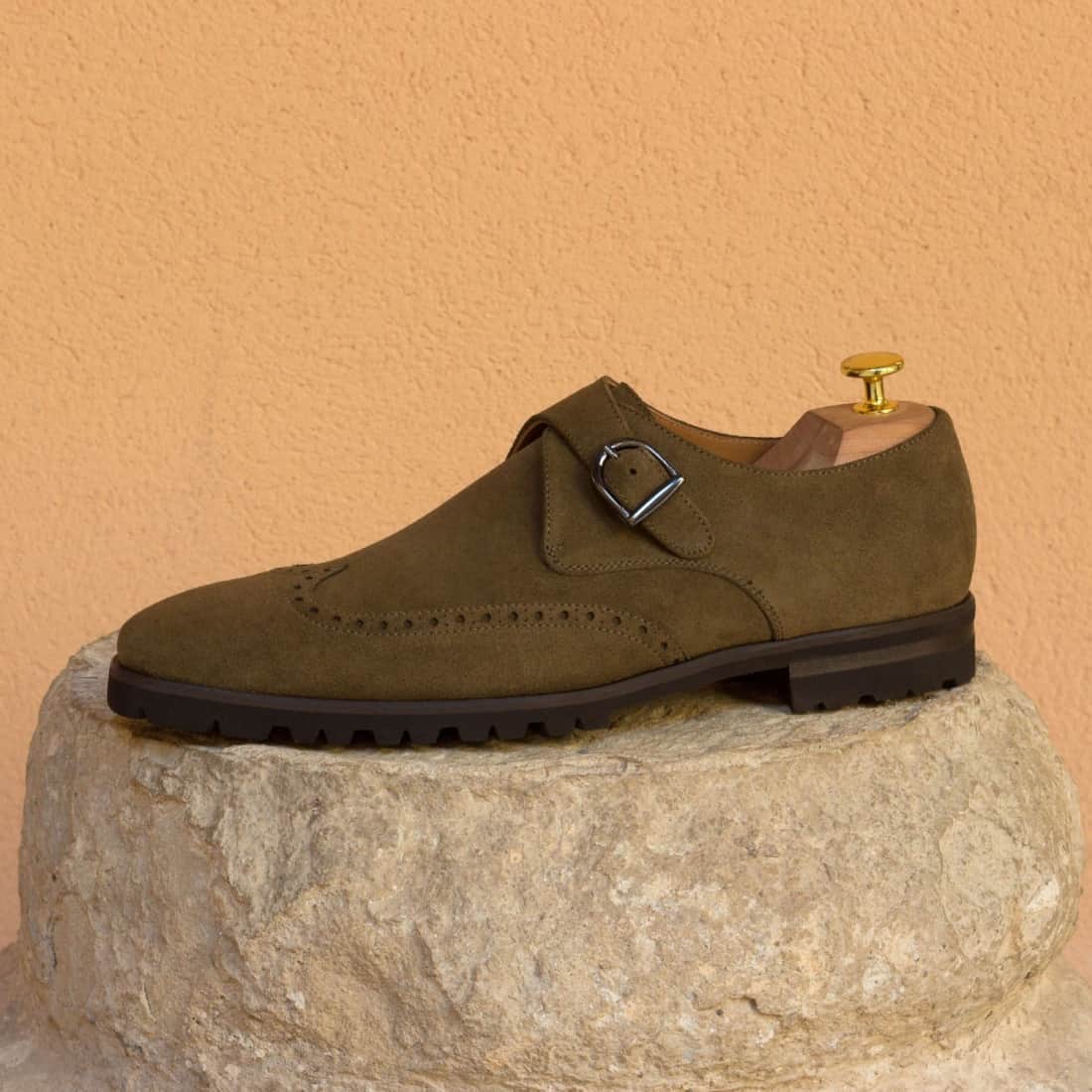 Chaussure à boucle bout fleuri en daim kaki - Semelles Commando – vue 4
