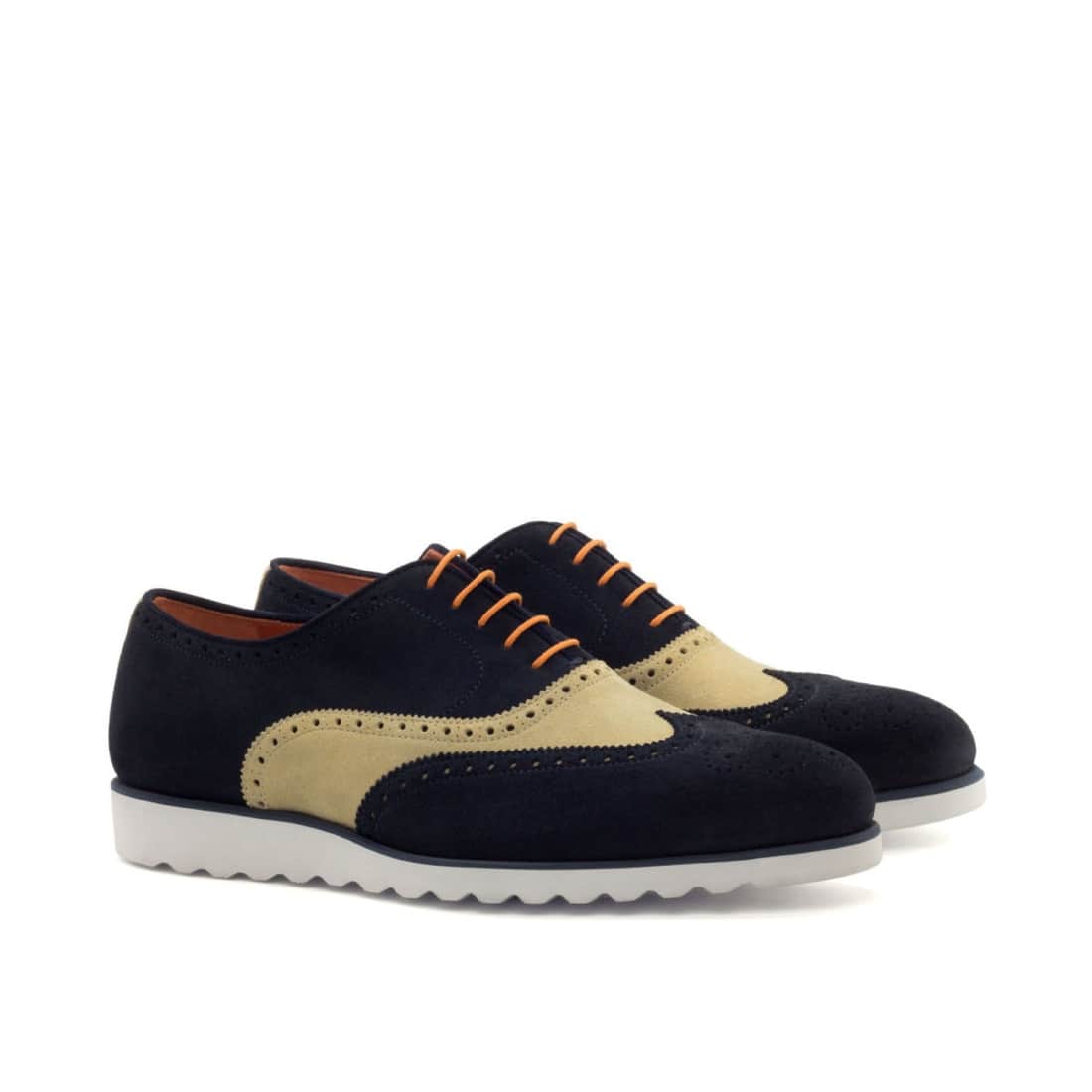 Richelieu fleuri en daim beige et bleu marine - Semelles sport
