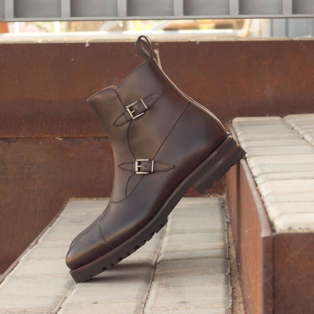 Bottines à Double Boucles en cuir marron foncé - Semelles Commando – vue 4