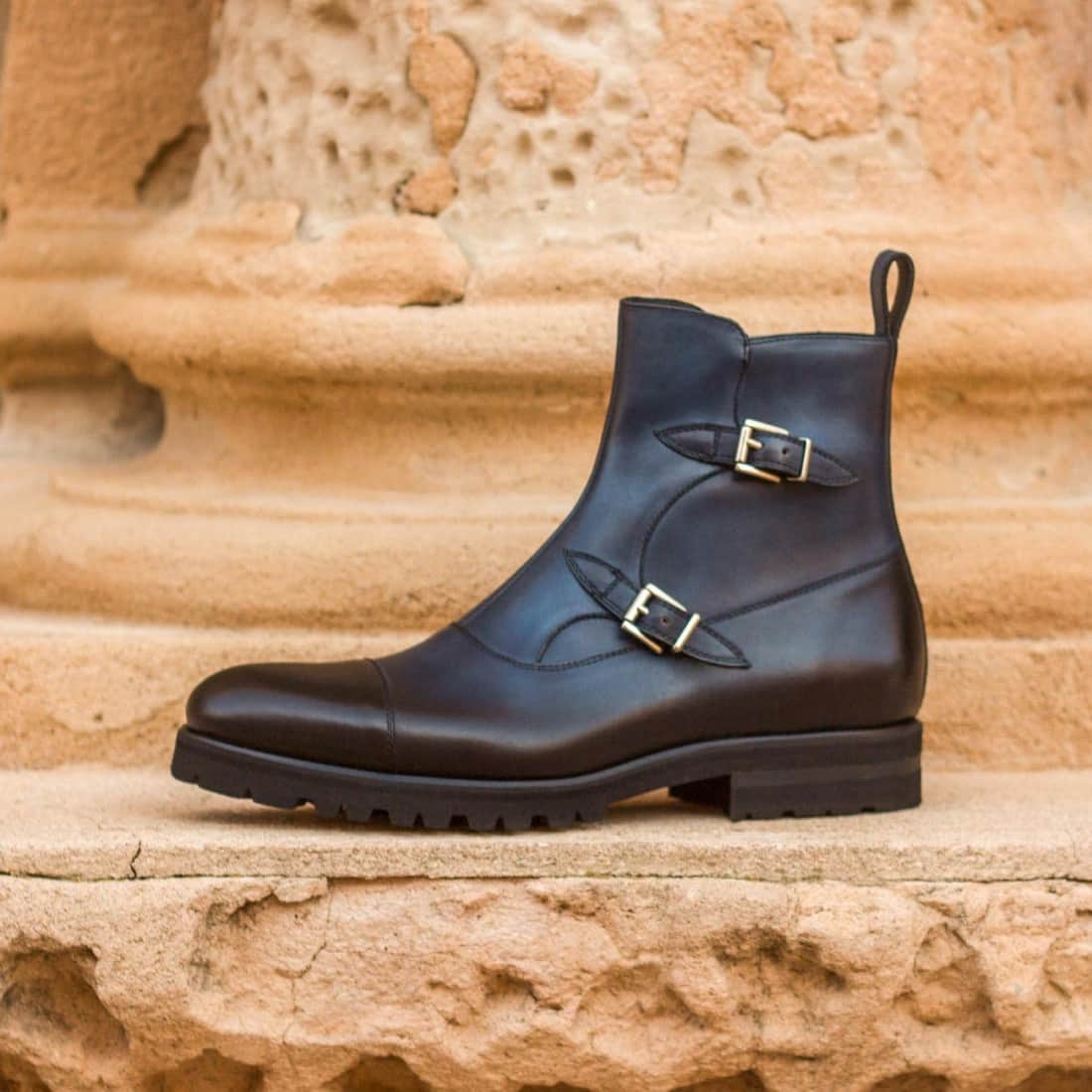 Bottines à Double Boucles en cuir bleu marine - Semelles Commando – vue 4