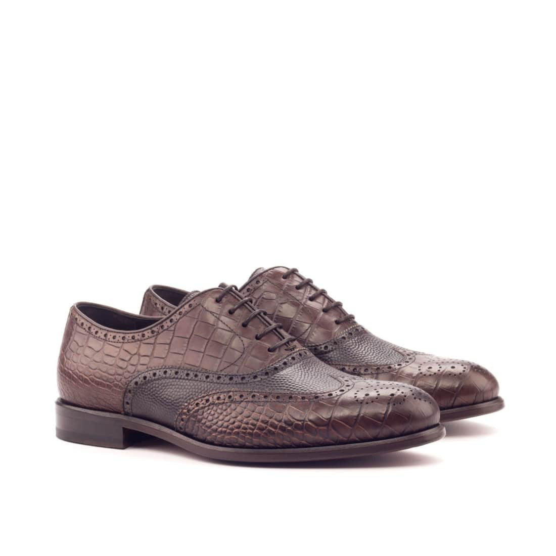 Richelieu fleuri en cuir croco et grainé marron foncé