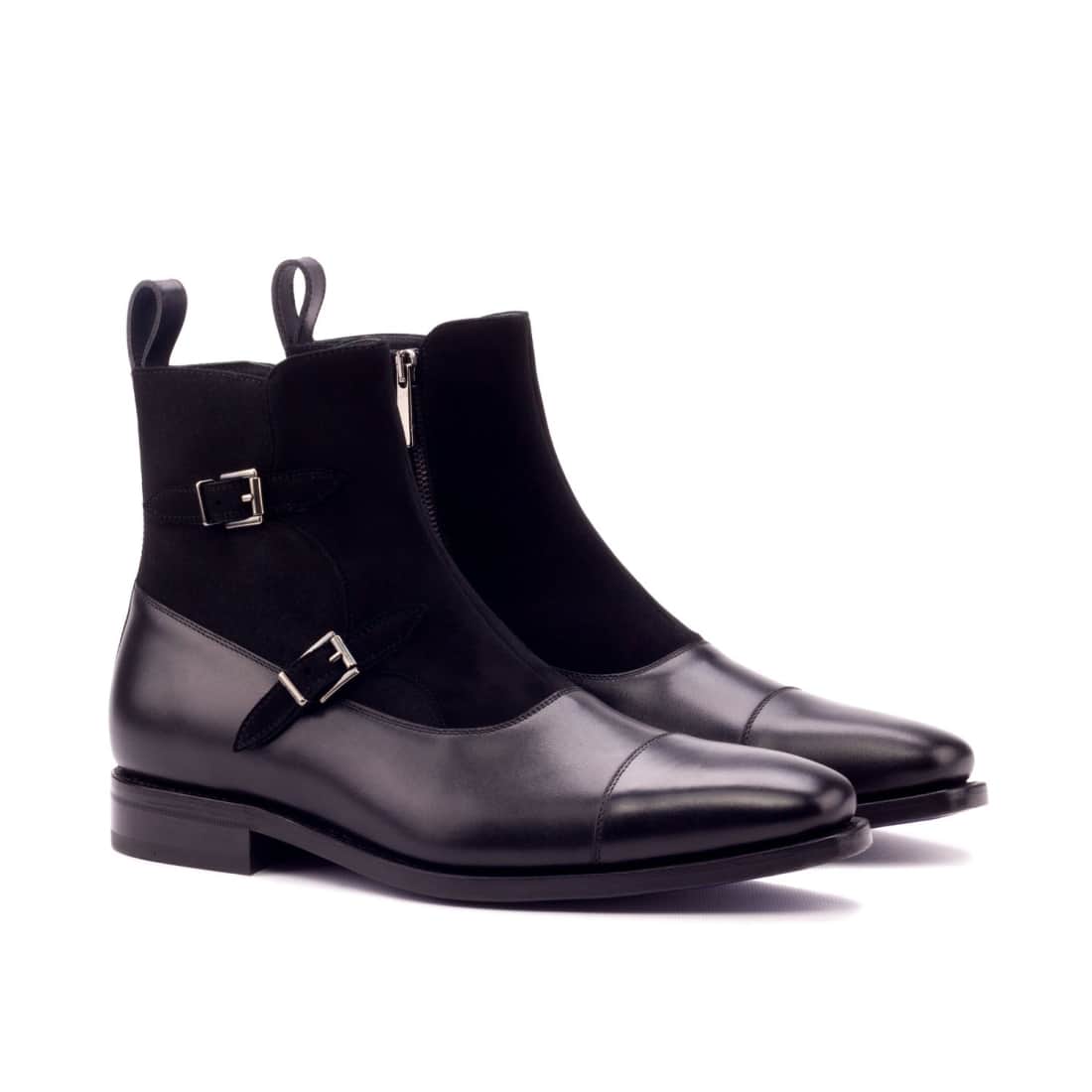 Bottines à Double Boucles en cuir et daim noir