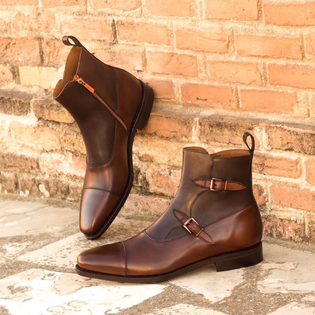 Bottines à Double Boucles en cuir bicolore marron – vue 4