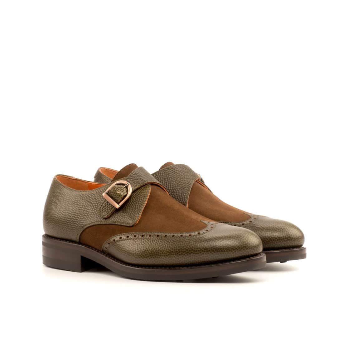 Chaussure à boucle bout fleuri en cuir grainé olive et daim marron - Semelles Dainite