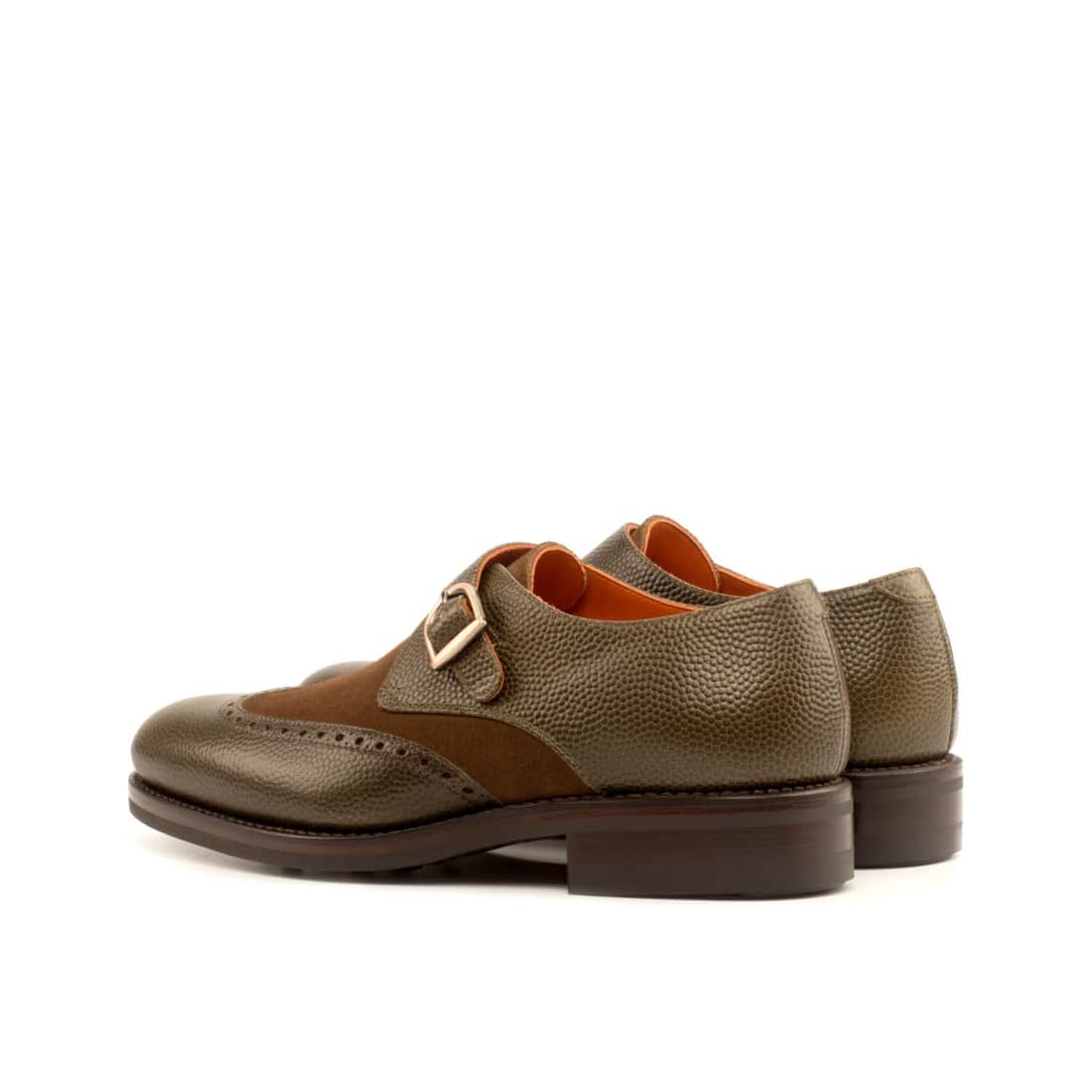 Chaussure à boucle bout fleuri en cuir grainé olive et daim marron - Semelles Dainite – vue 3