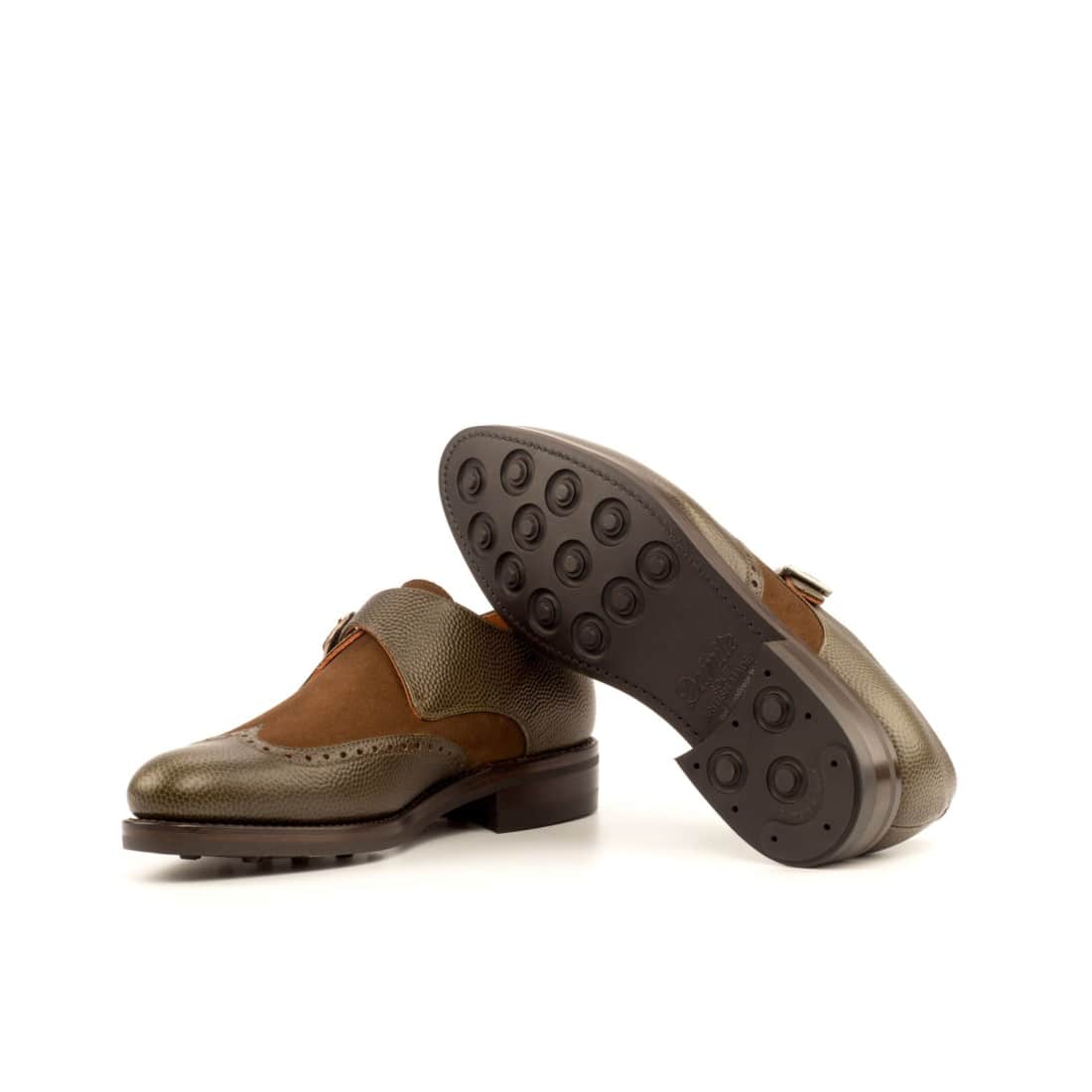 Chaussure à boucle bout fleuri en cuir grainé olive et daim marron - Semelles Dainite – vue 2