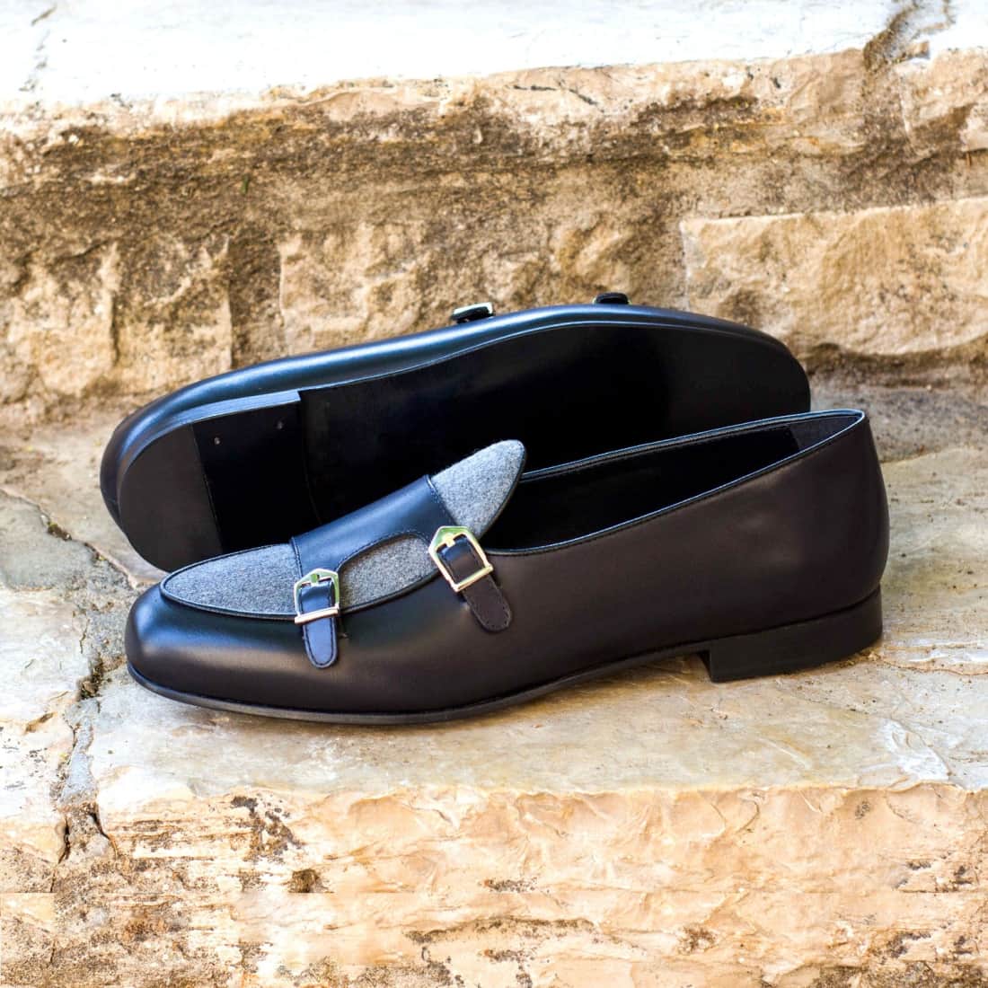 Mocassin Double Boucle en cuir noir et flanelle gris – vue 5
