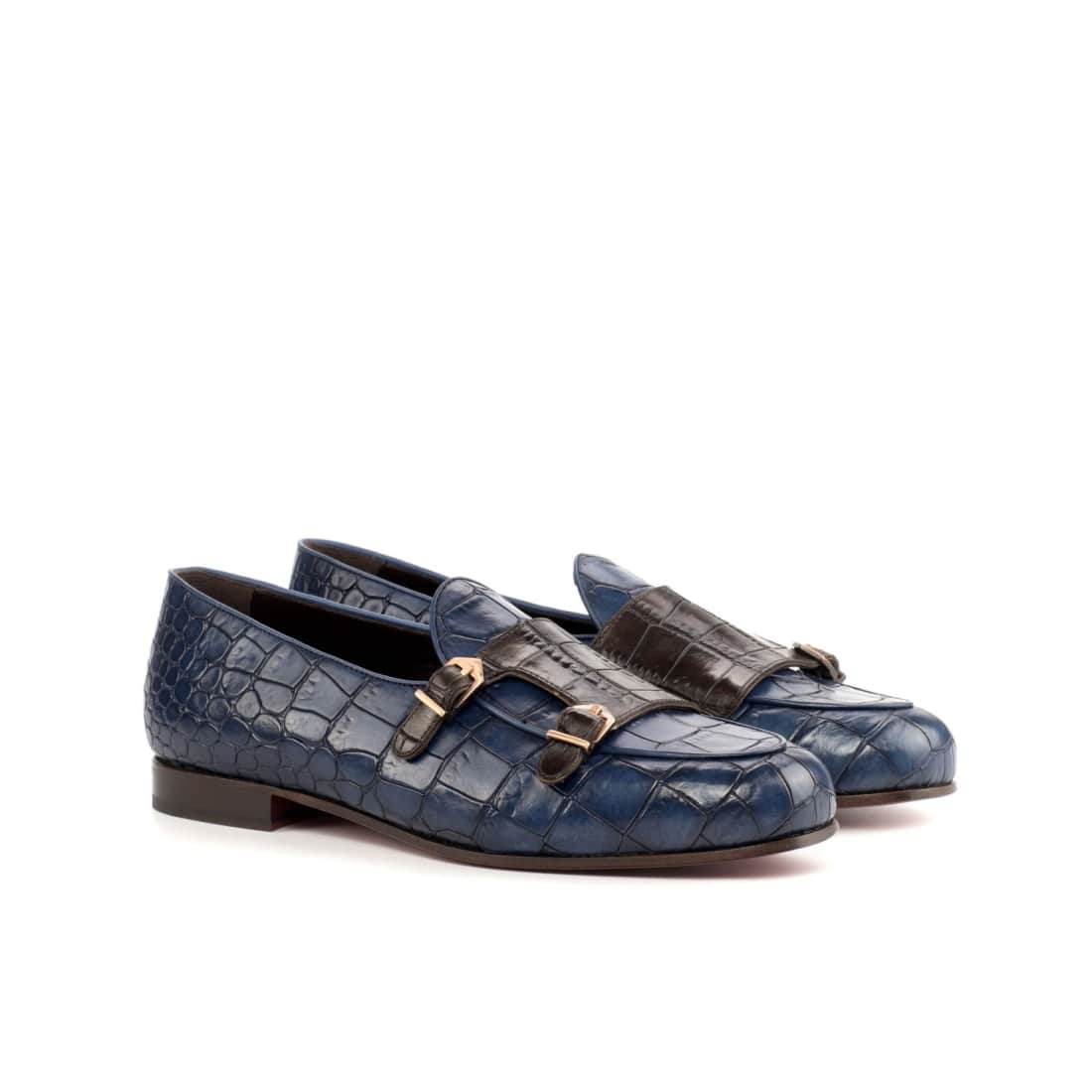 Mocassin Double Boucle en cuir croco bleu marine et marron foncé
