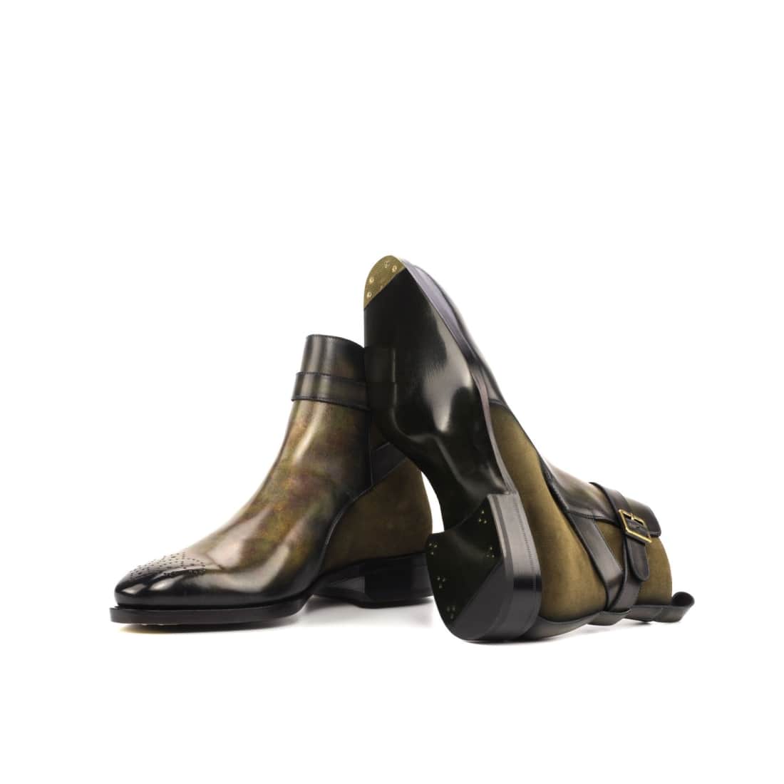 Bottines Jodhpur bout fleuri en cuir patiné et daim vert – vue 2
