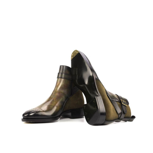 Bottines Jodhpur bout fleuri en cuir patiné et daim vert – vue 2