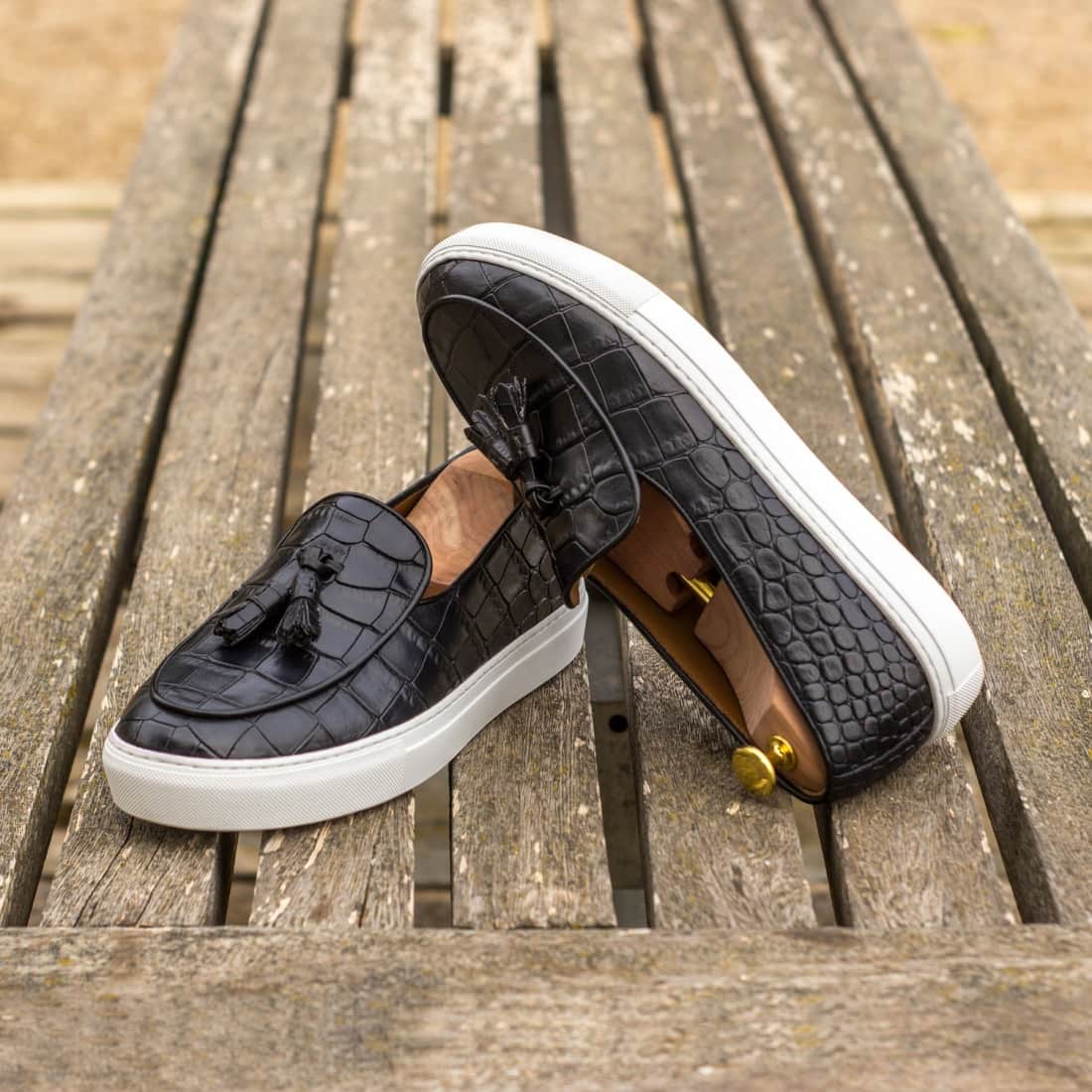 Sneaker Mocassin à Glands en cuir croco noir – vue 4