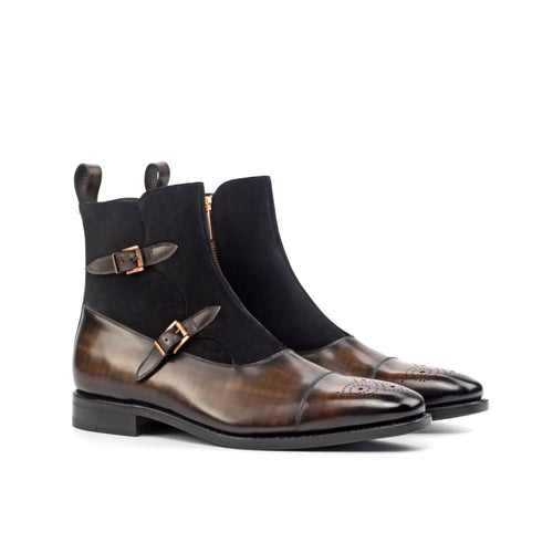 Bottines à Double Boucles en cuir patiné marron et daim noir