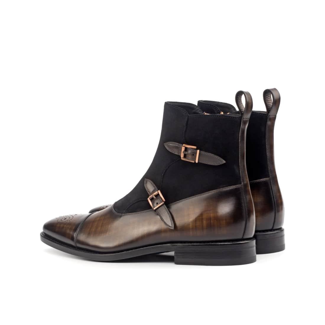 Bottines à Double Boucles en cuir patiné marron et daim noir – vue 3