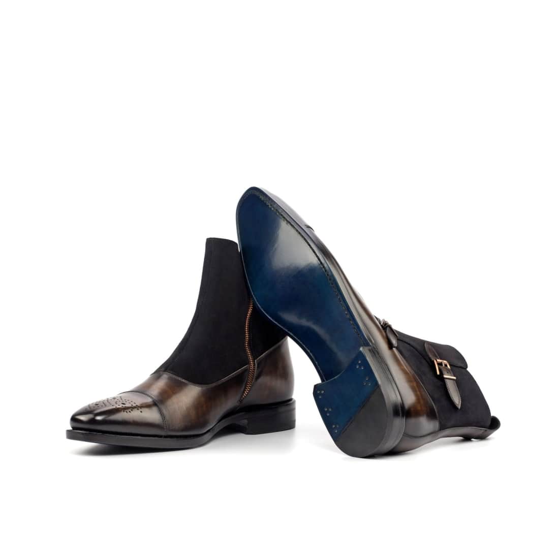 Bottines à Double Boucles en cuir patiné marron et daim noir – vue 2