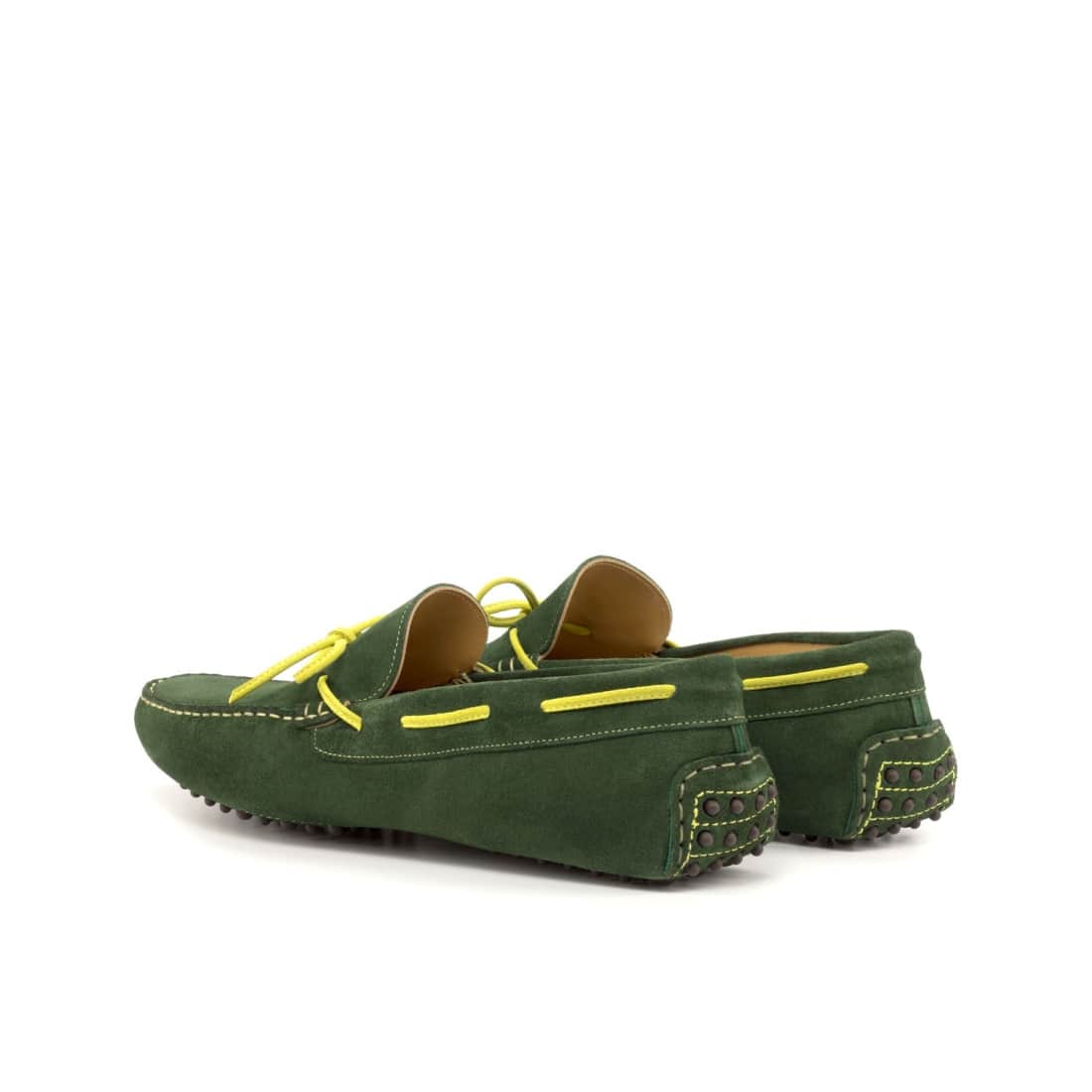 Mocassin Driver en daim vert foncé avec lacet jaune – vue 3