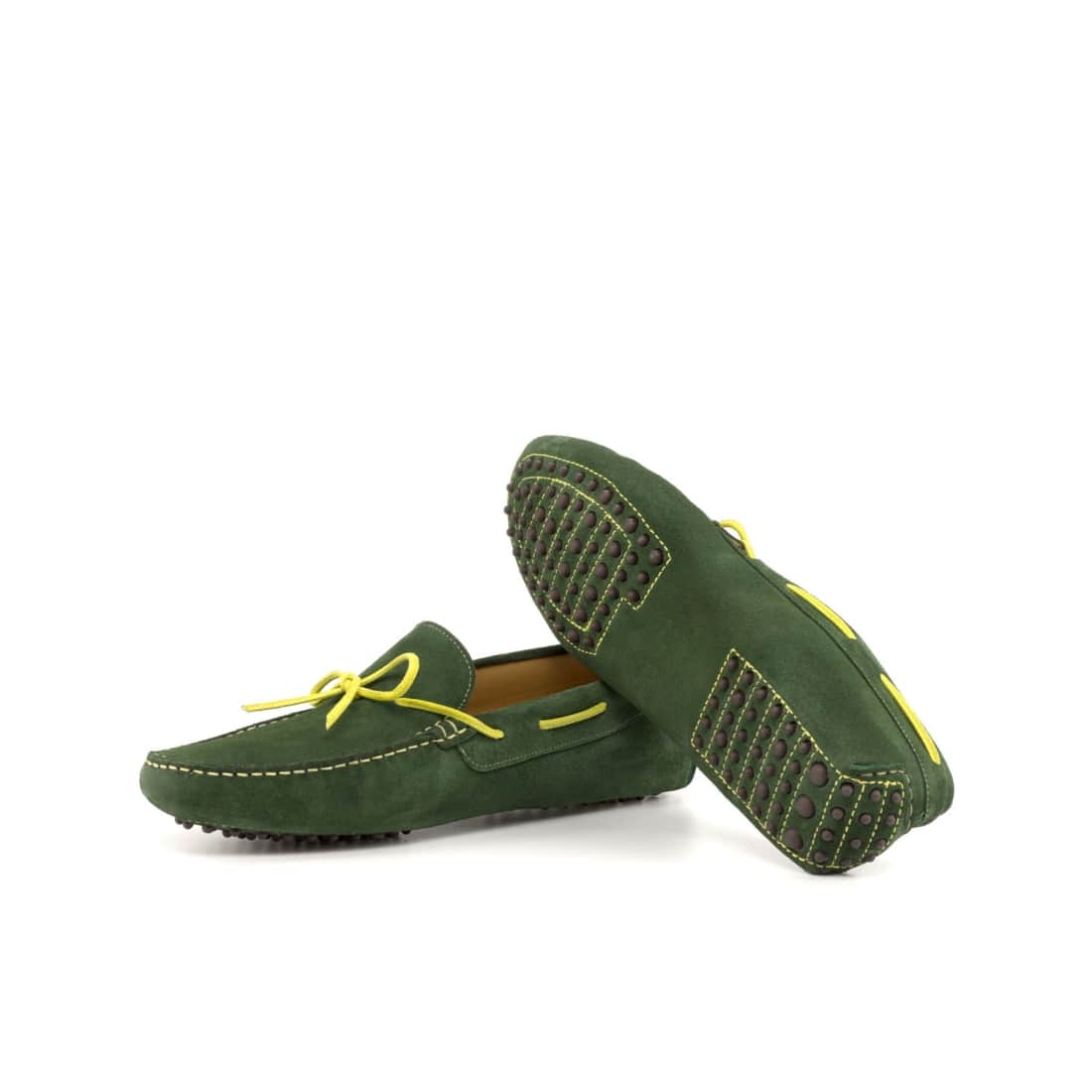 Mocassin Driver en daim vert foncé avec lacet jaune – vue 2