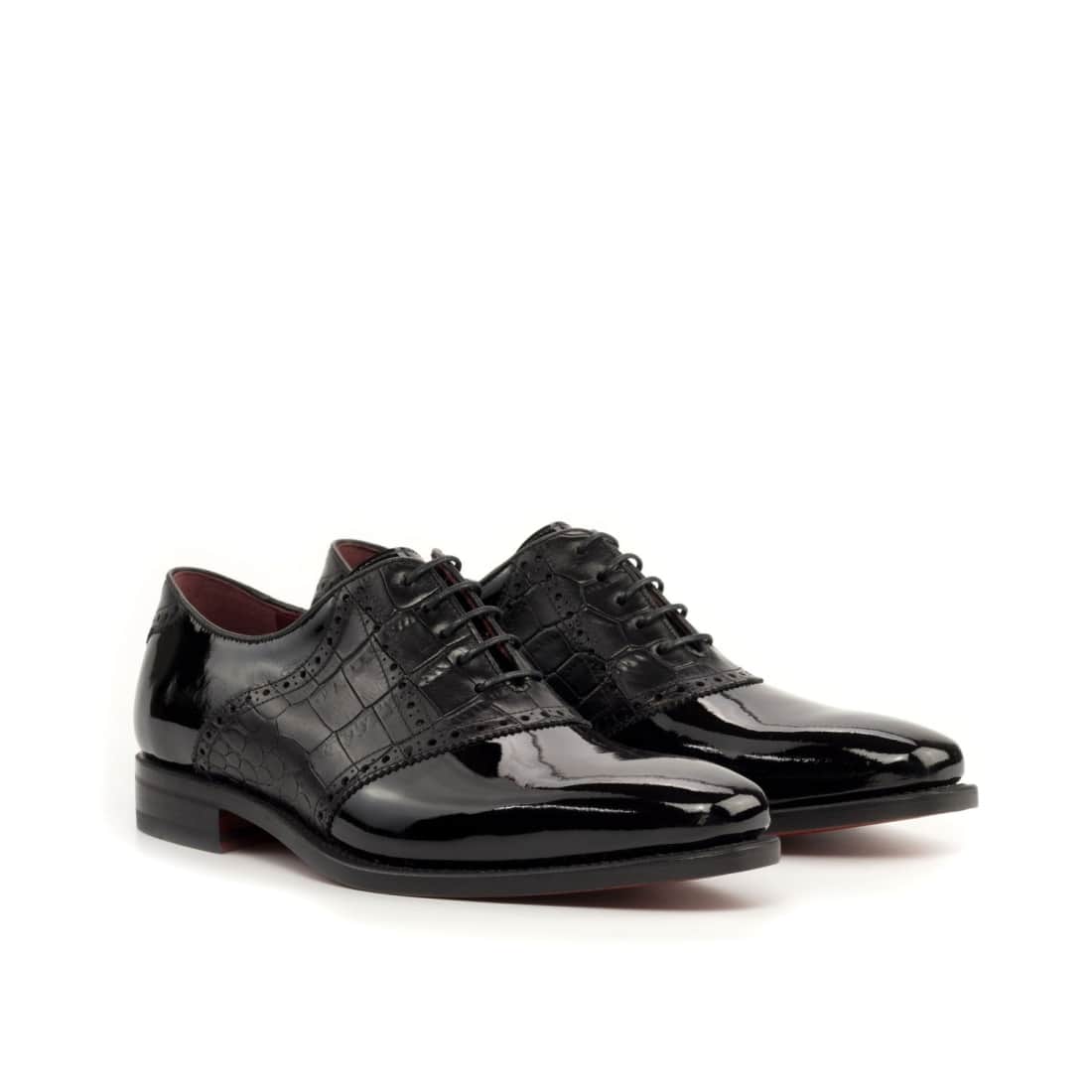 Richelieu Saddle en cuir vernis et croco noir