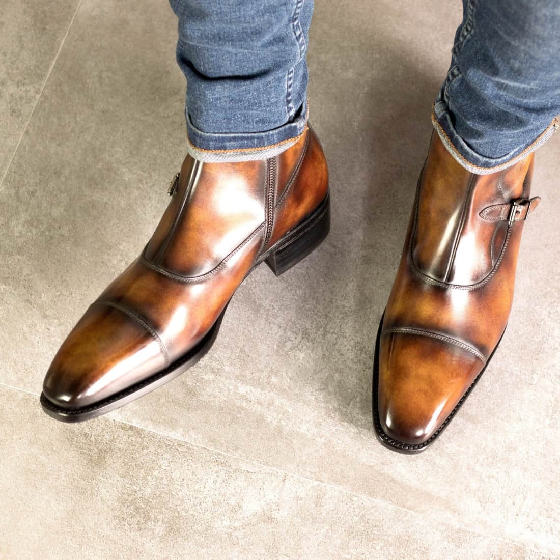 Bottines à Double Boucles en cuir patiné marron – vue 4