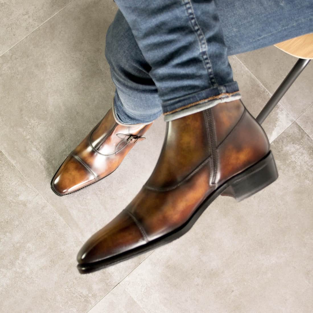 Bottines à Double Boucles en cuir patiné marron – vue 6
