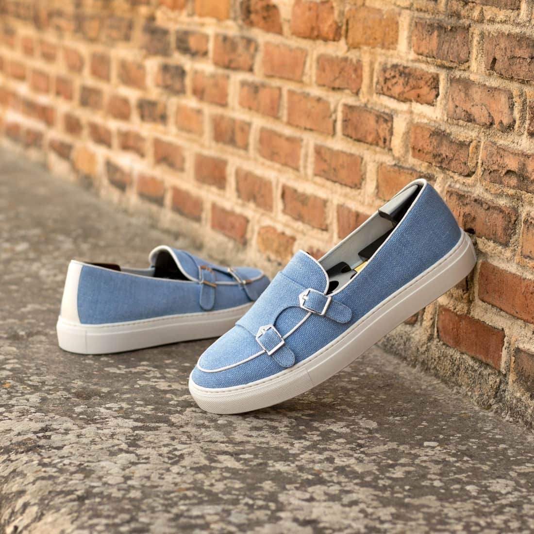Sneaker Mocassin Double Boucle en lin bleu ciel – vue 4