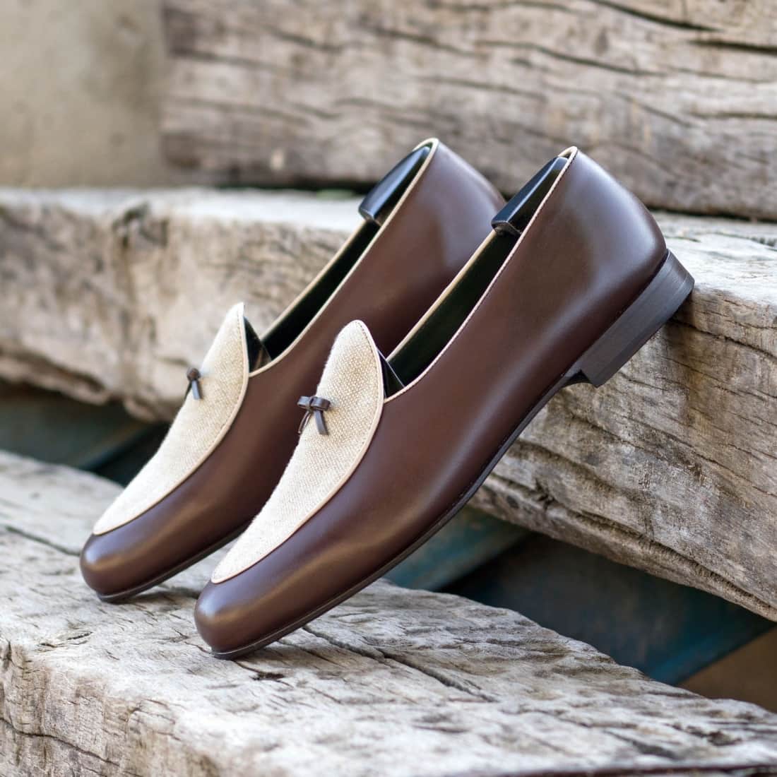 Mocassin Belge en cuir marron et lin beige – vue 4