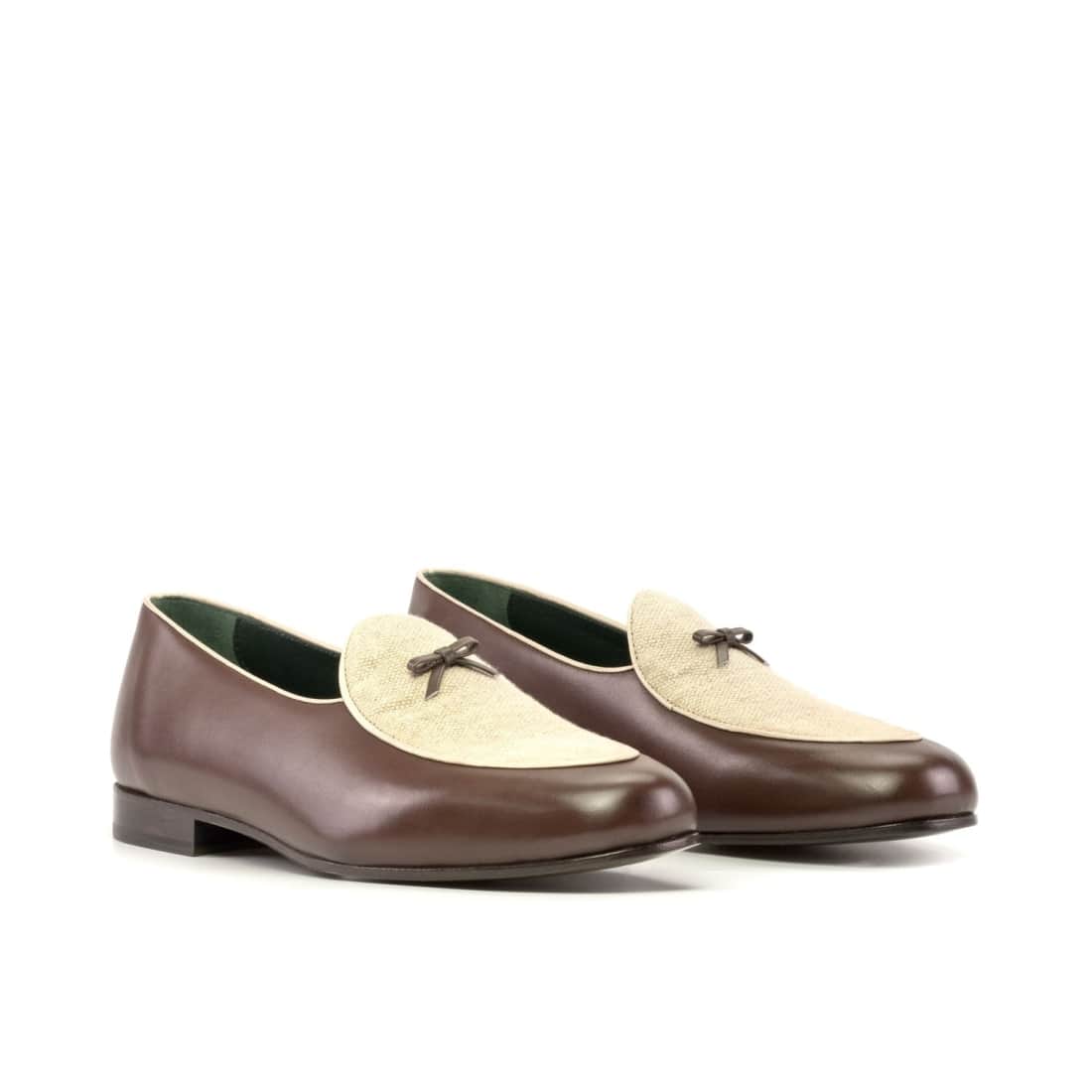 Mocassin Belge en cuir marron et lin beige