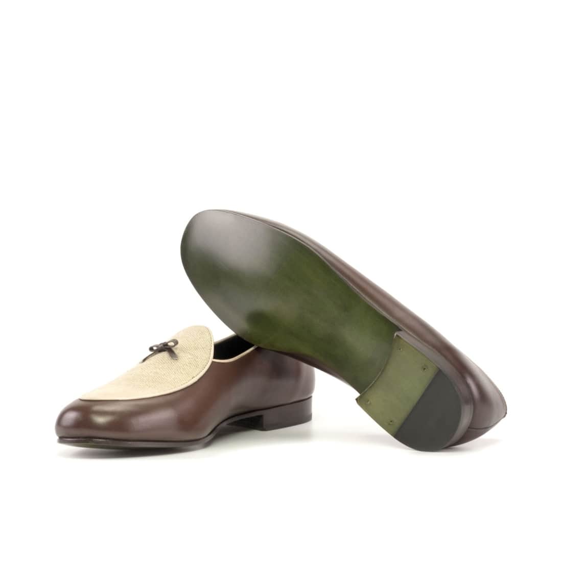 Mocassin Belge en cuir marron et lin beige – vue 2