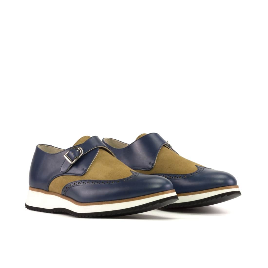 Chaussure à boucle bout fleuri en cuir bleu marine et daim camel - Semelles Sport