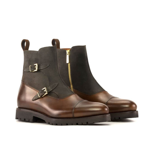 Bottines à Double Boucles en cuir et daim marron - Semelles Commando