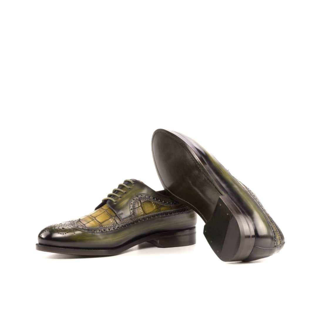 Derbie Brogue fleuri en cuir patiné et croco kaki – vue 2