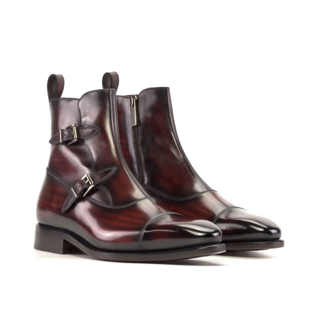Bottines à Double Boucles en cuir patiné bordeaux