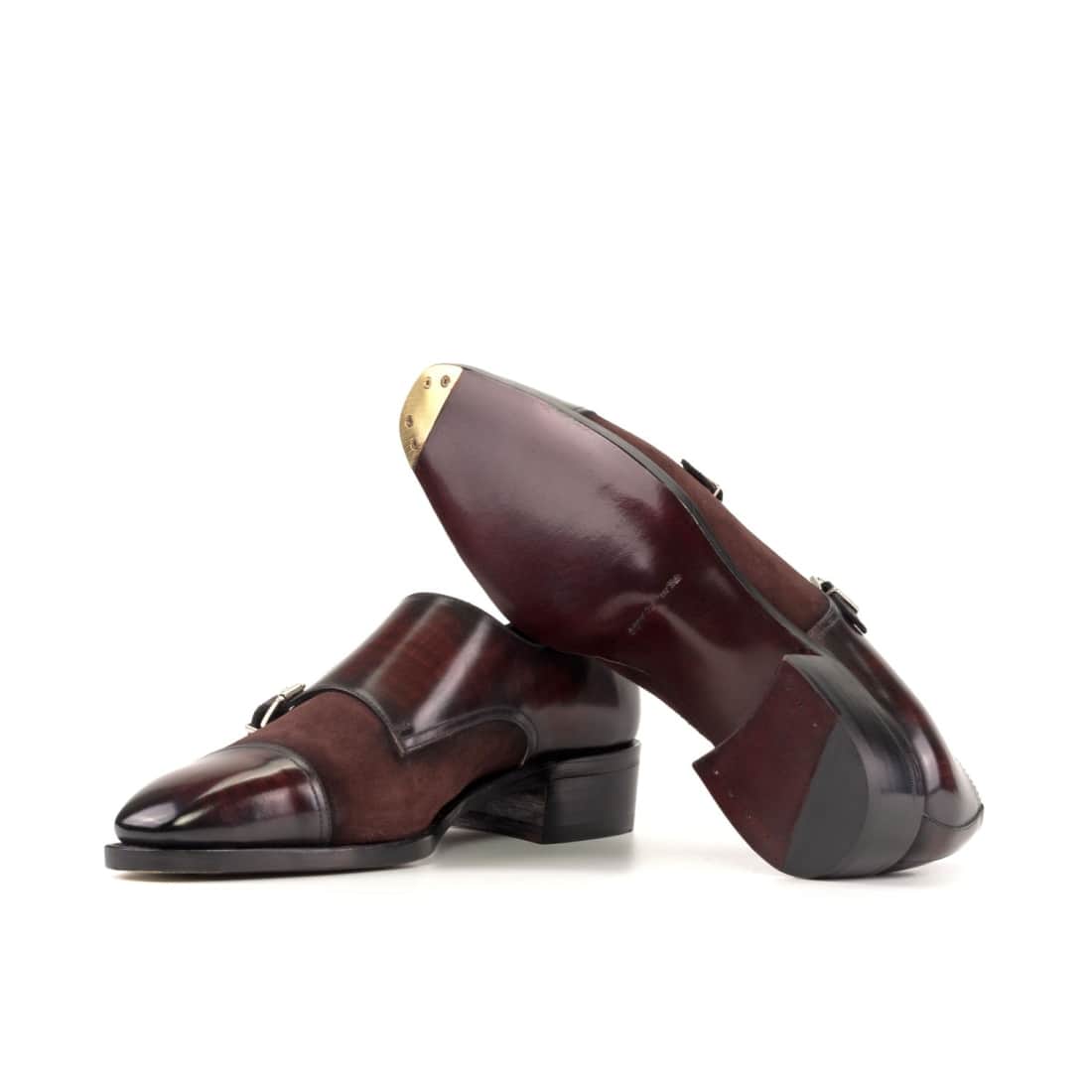 Chaussure double boucle en cuir patiné et daim bordeaux – vue 2