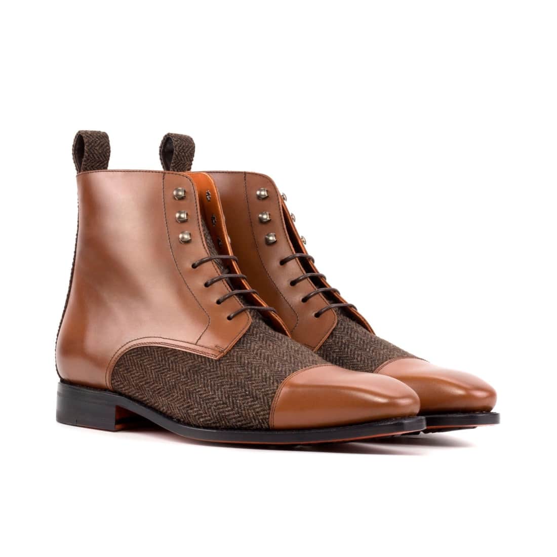 Bottines Bout Droit en cuir marron clair et flanelle marron