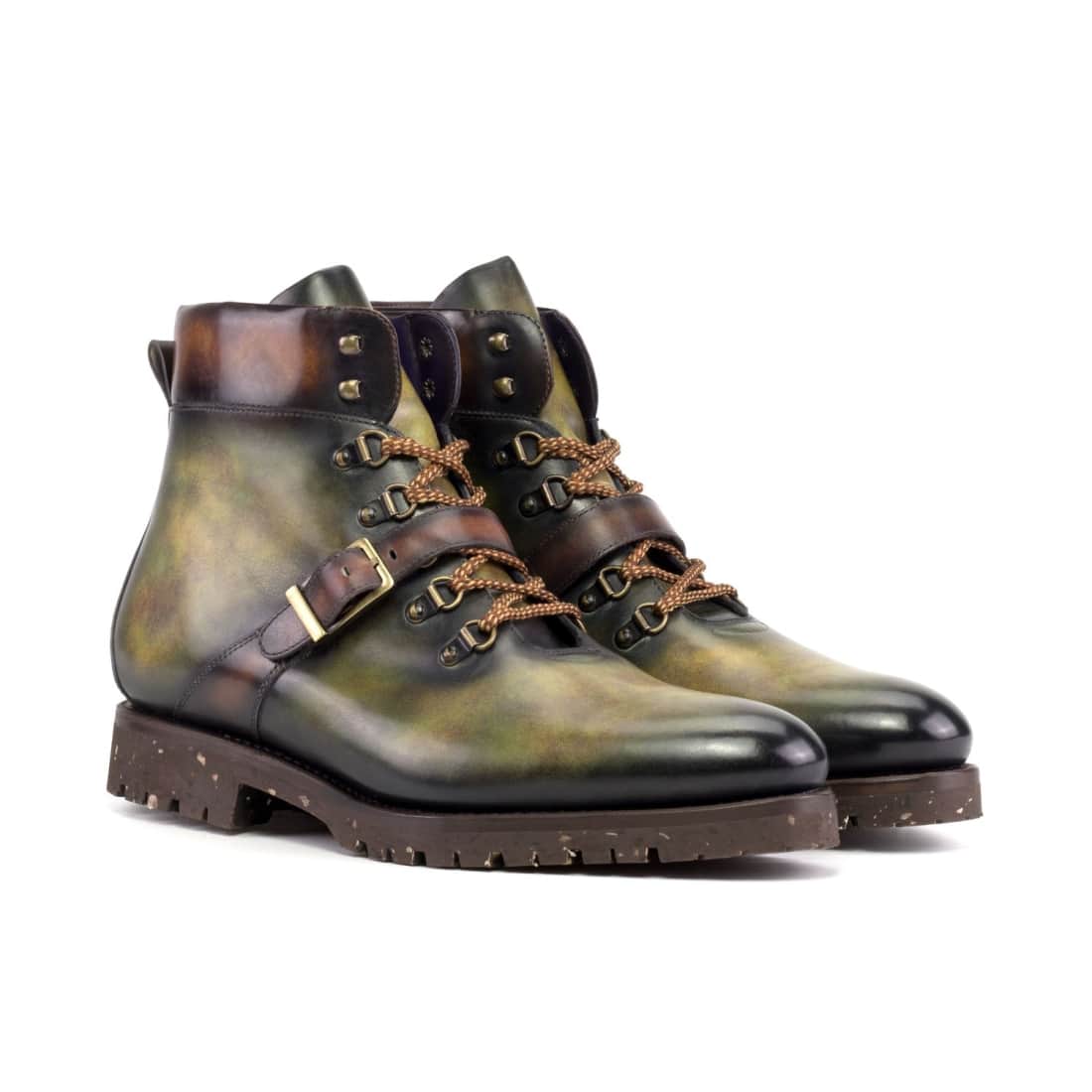 Hiking Boots en cuir patiné vert et marron - Semelles Commando Recyclées Vibram®