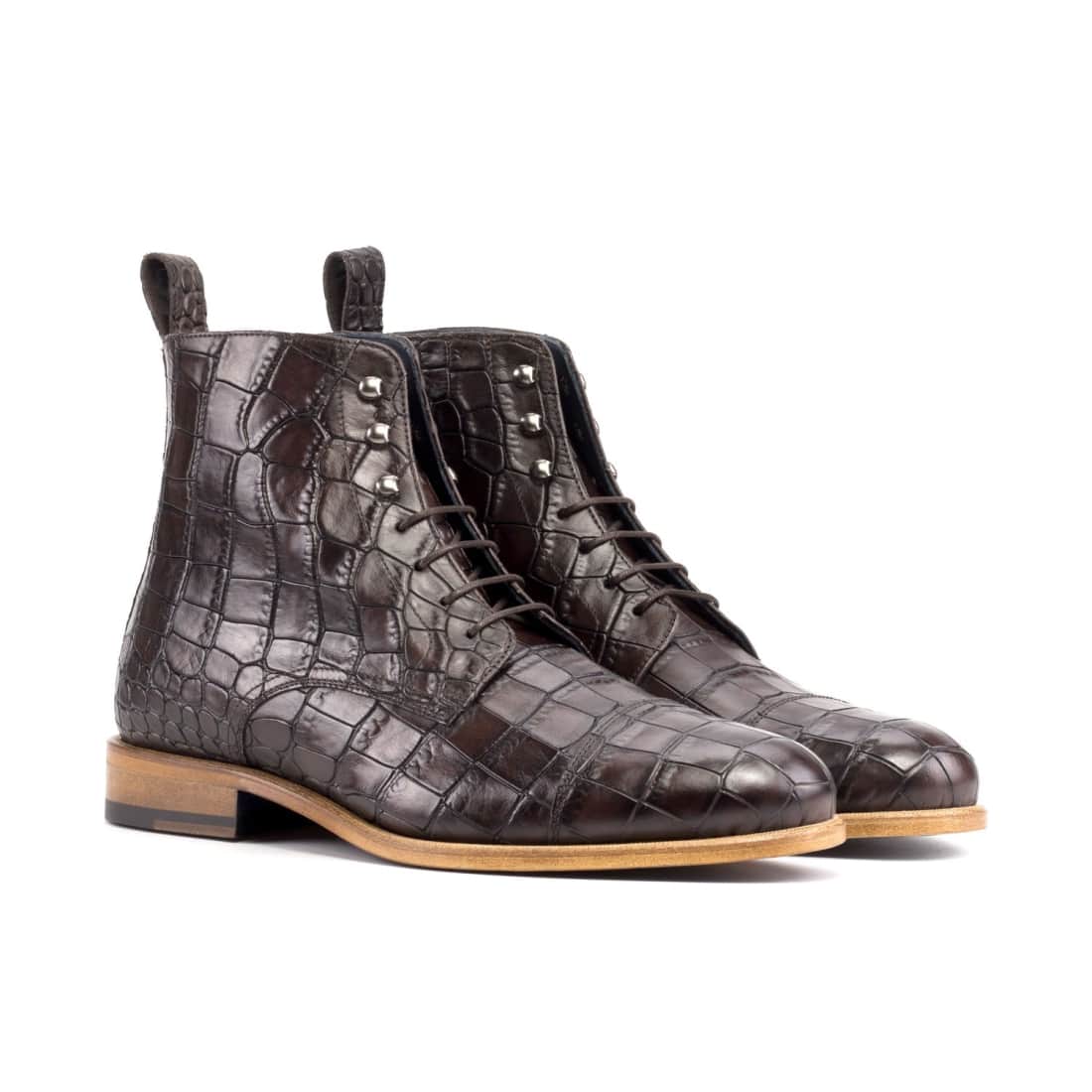 Bottines Bout Droit en cuir croco marron foncé