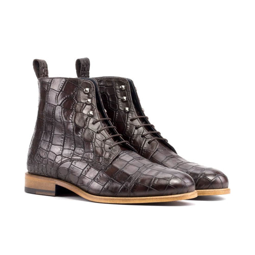 Bottines Bout Droit en cuir croco marron foncé