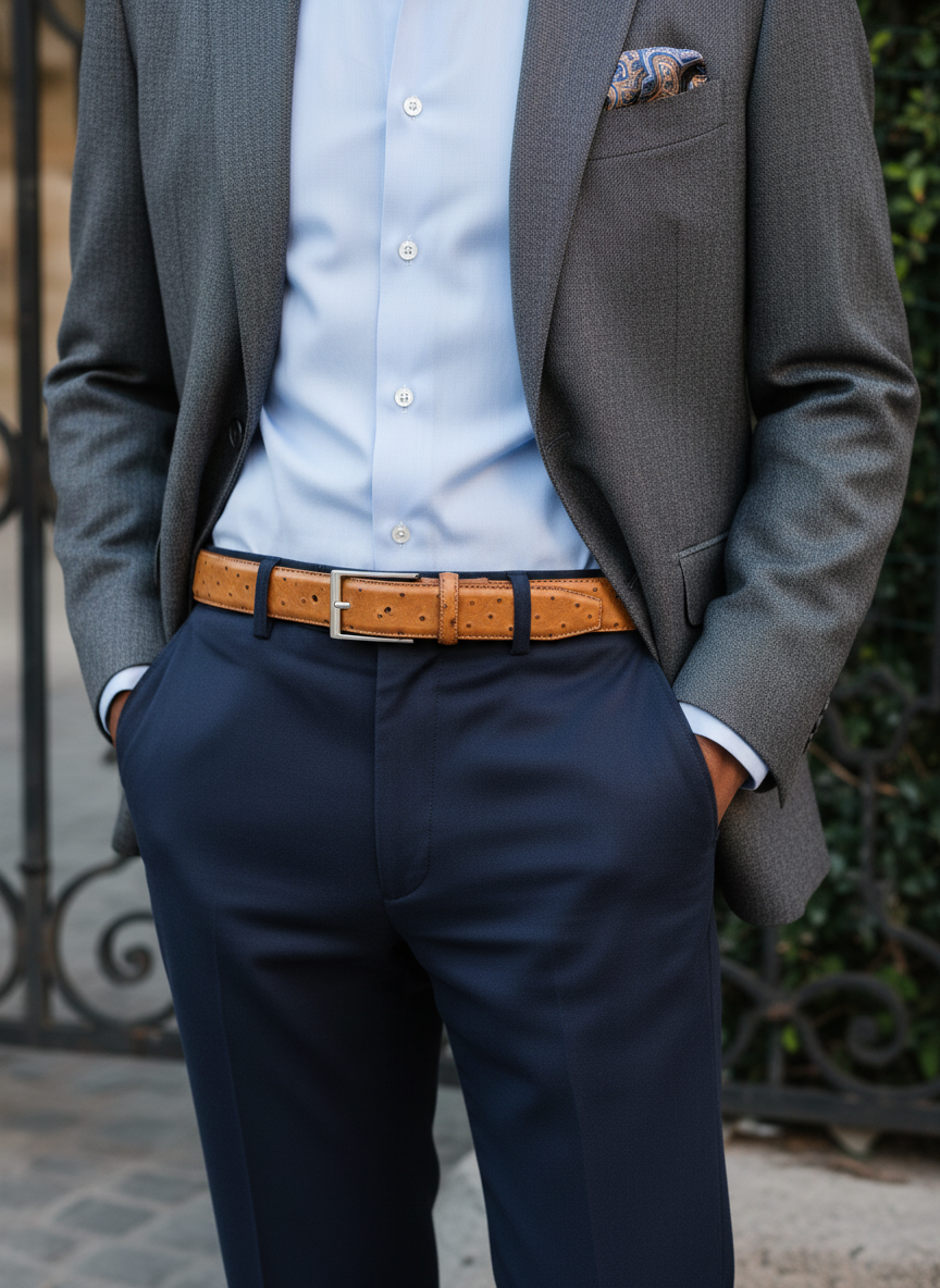 Ceinture en cuir marron clair façon autruche 35 mm – vue 7