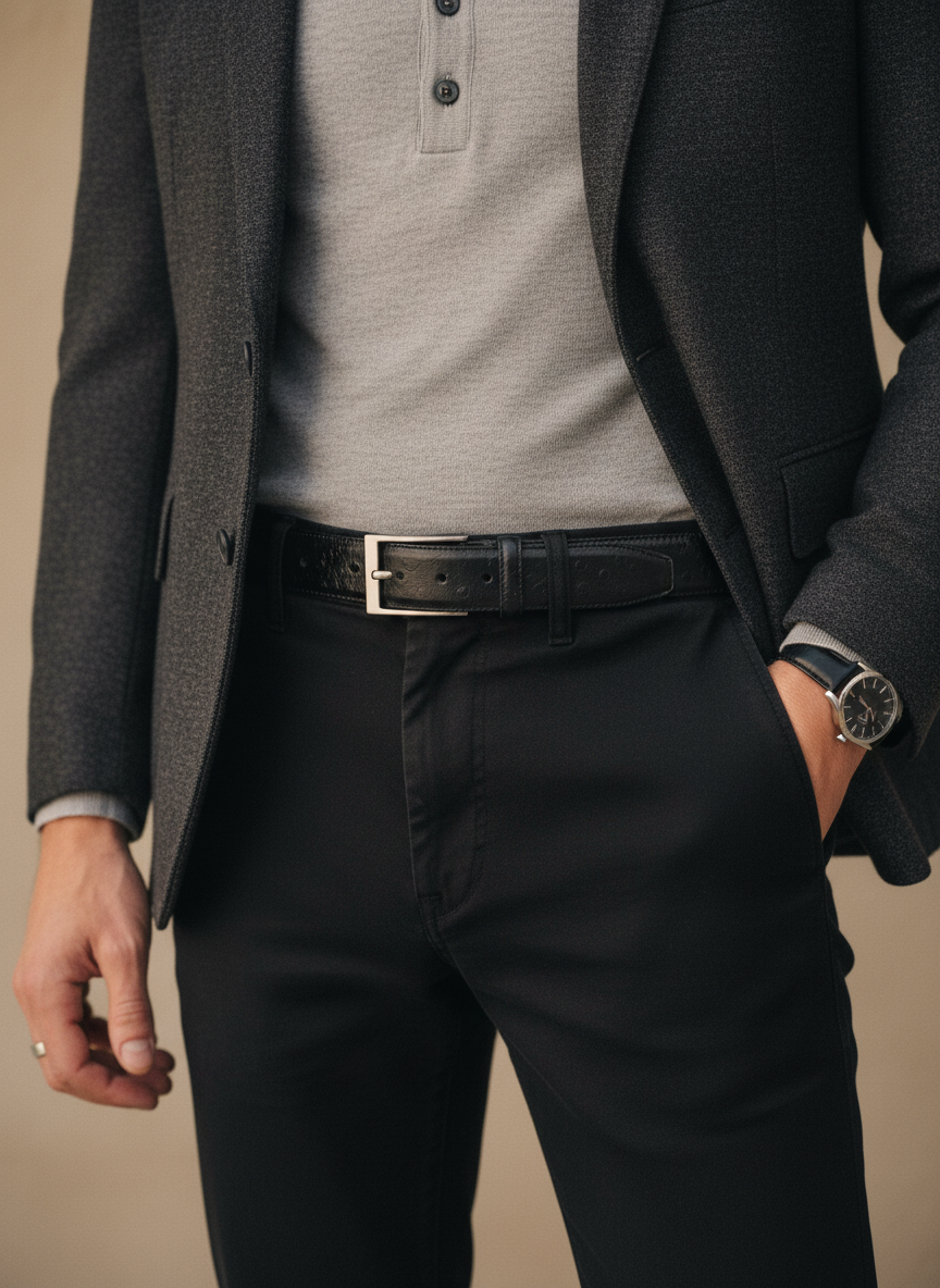 Ceinture en cuir noir façon autruche 35 mm – vue 4
