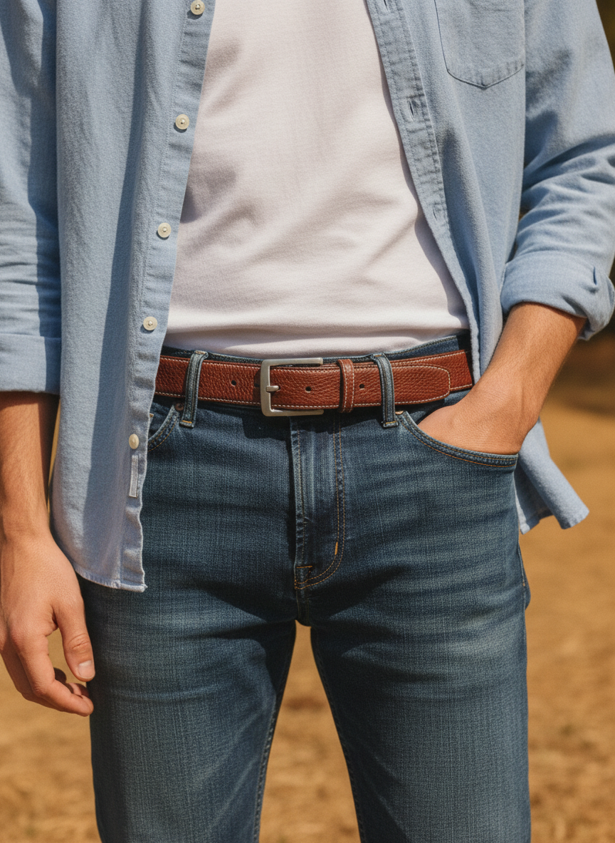 Ceinture en cuir grainé à boucle étrivière - Marron – vue 3