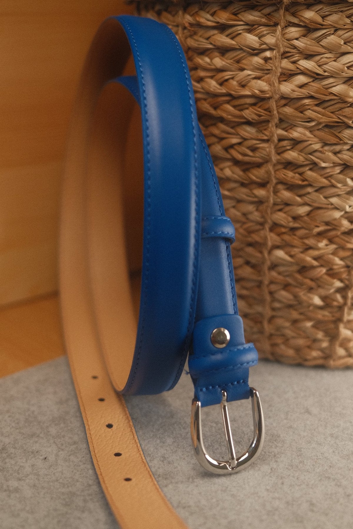 Ceinture femme cuir bleu boucle ronde fine 25 mm – vue 2