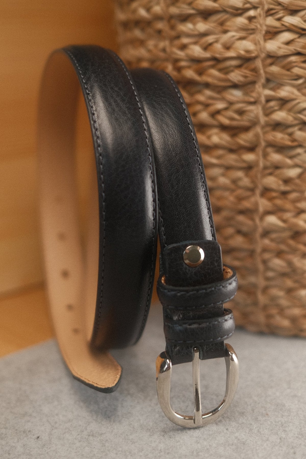 Ceinture cuir bleu marine boucle ronde fine 30 mm – vue 2