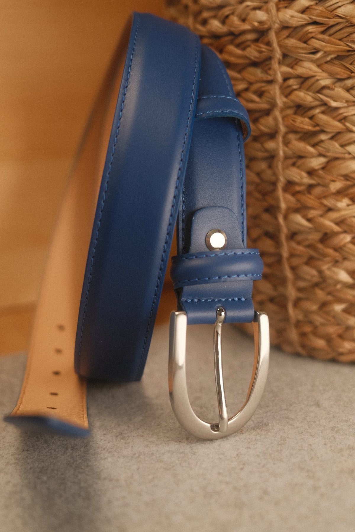 Ceinture cuir bleu boucle ronde fine 30 mm – vue 2