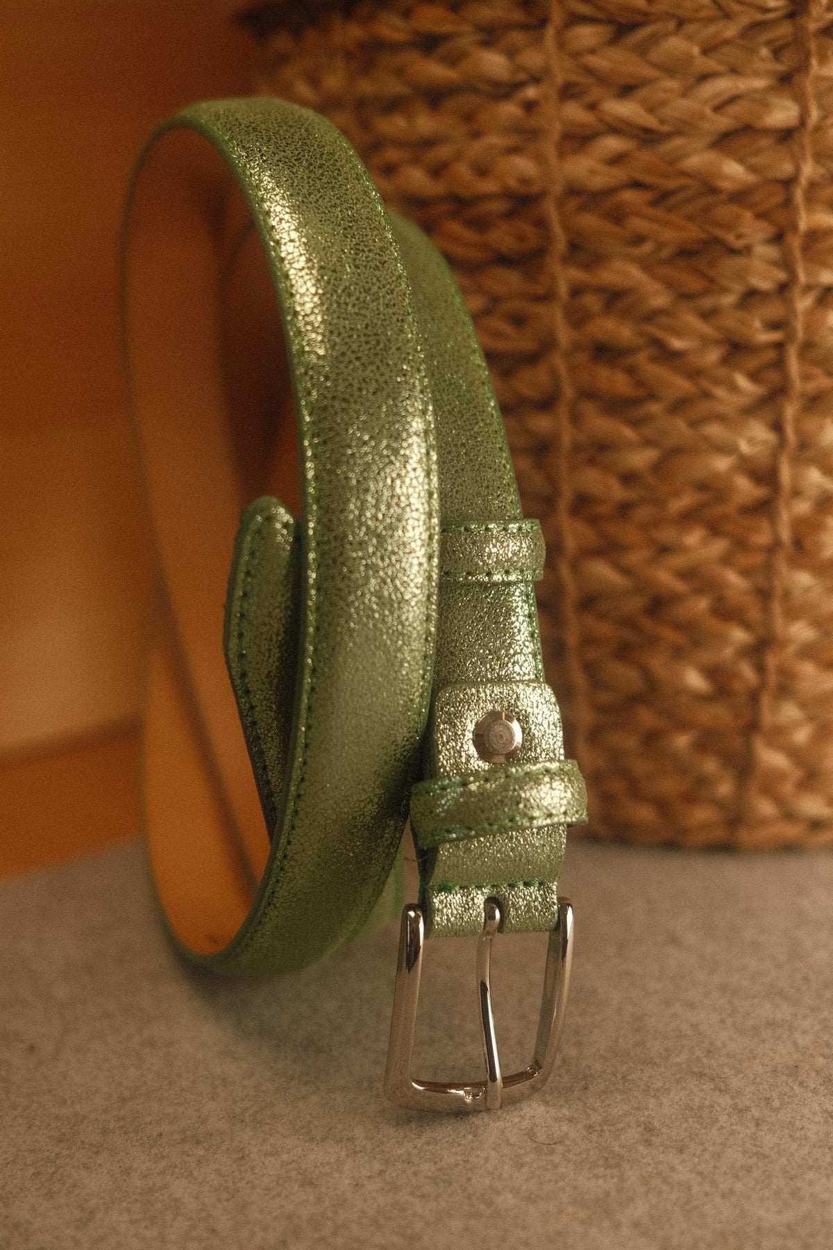 Ceinture femme cuir métallisé vert amande fine 25 mm – vue 2