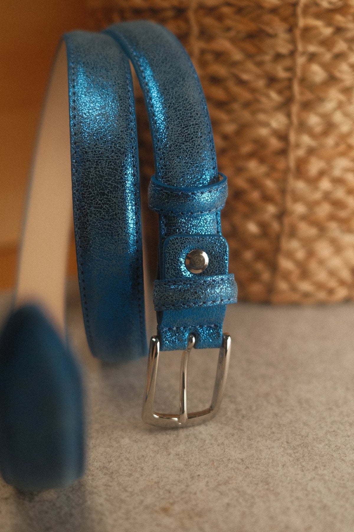 Ceinture femme cuir métallisé bleu jean fine 25 mm – vue 2