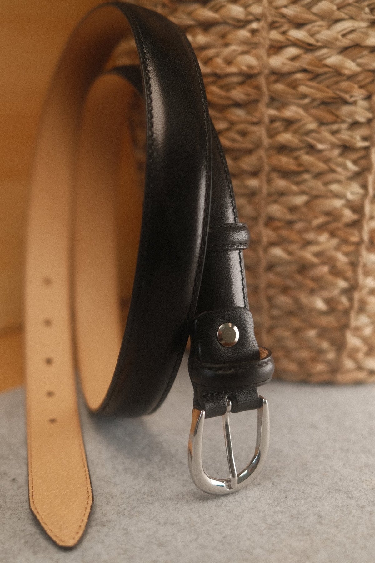 Ceinture femme cuir noir boucle ronde fine 25 mm – vue 2