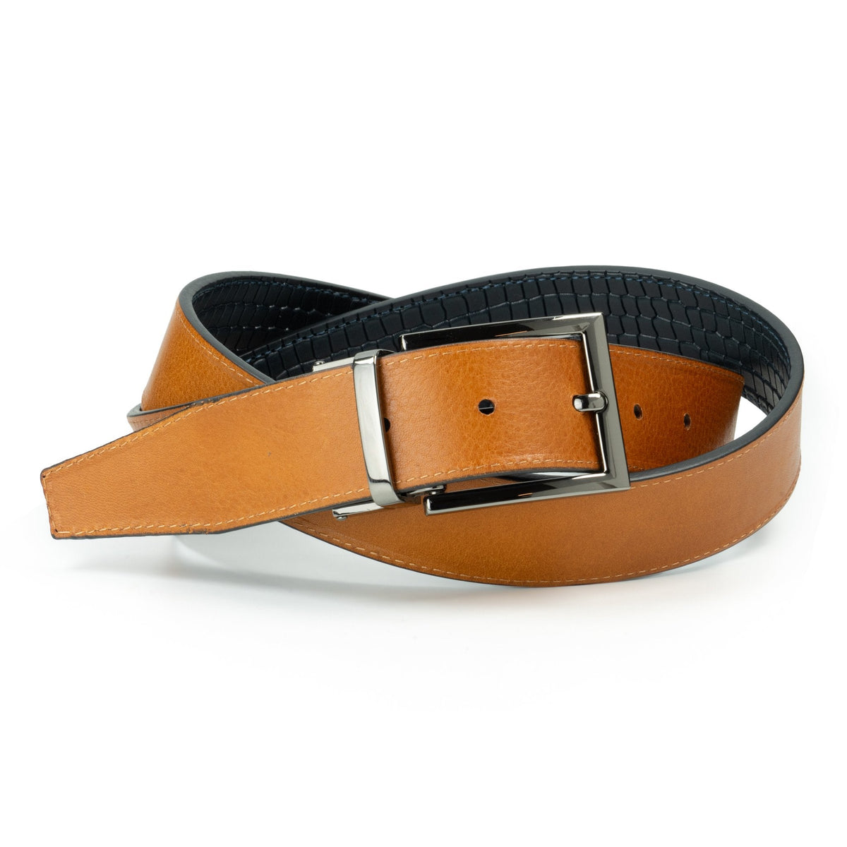 Ceinture en cuir Bleu Marine – Marron Clair façon croco réversible 35 mm – vue 2