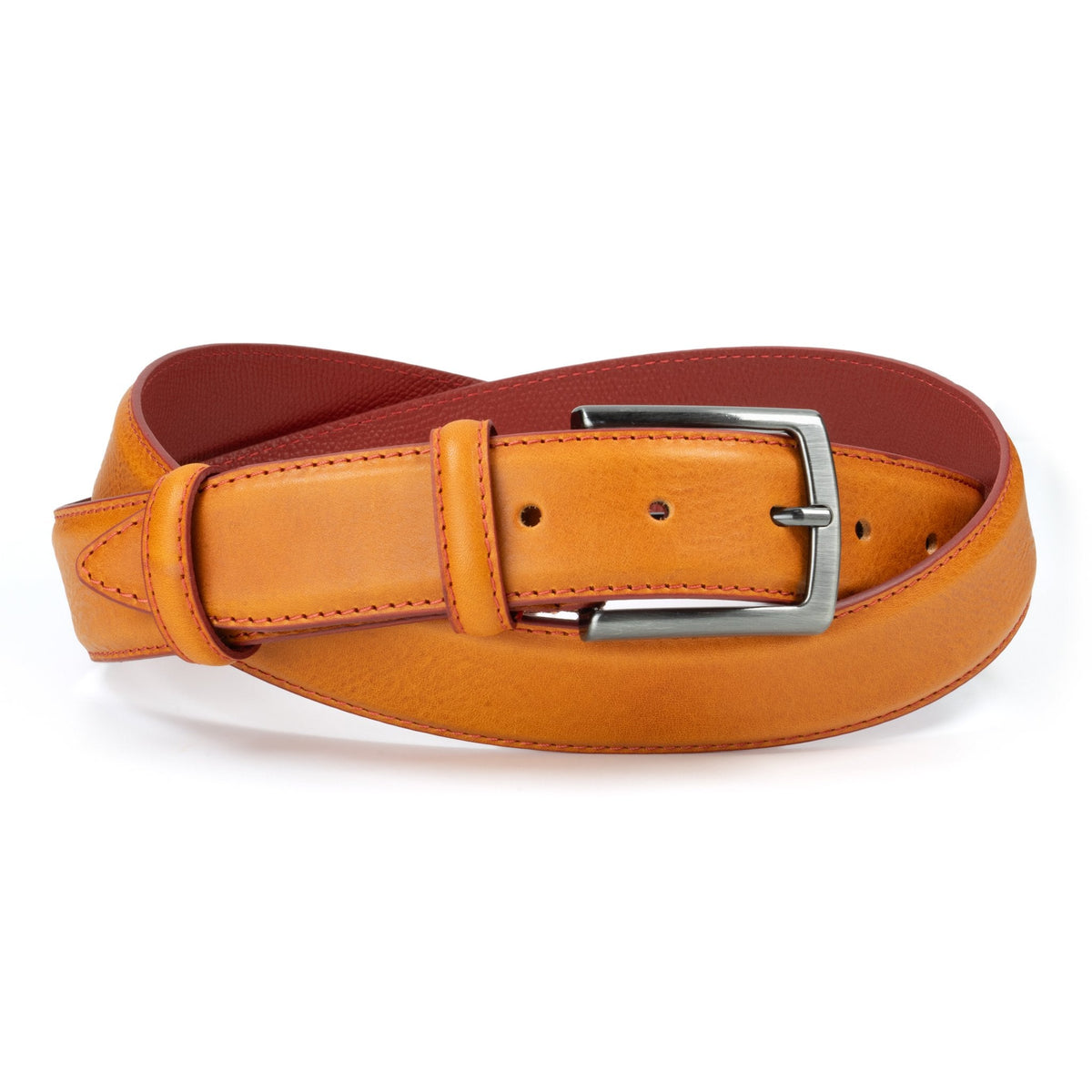 Ceinture en cuir marron clair – surpiqûre rouge, doublure rouge, 35 mm