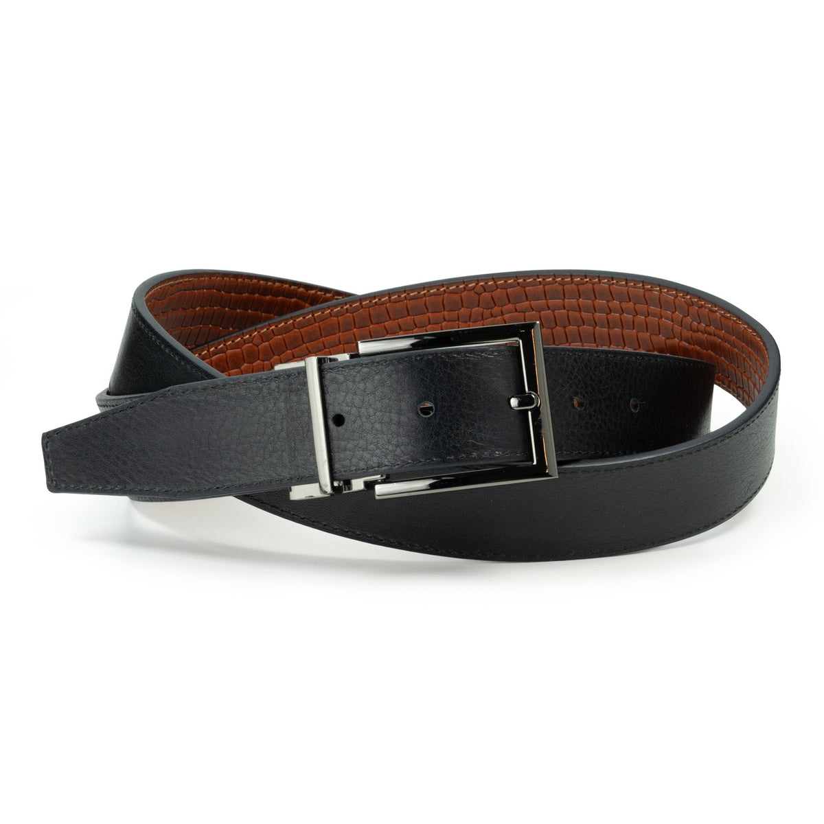 Ceinture en cuir Cognac – Noir façon croco réversible 35 mm – vue 2